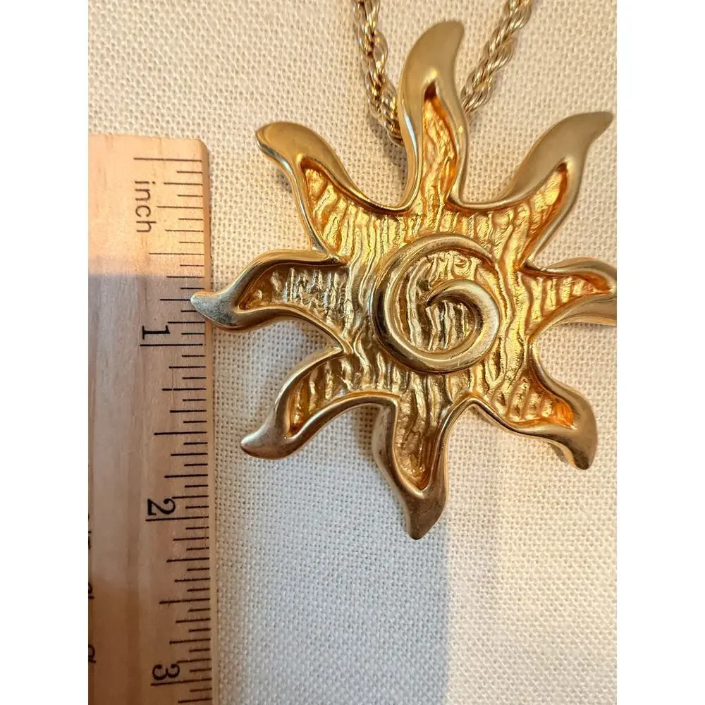 Vintage Sun Pendant Necklace Gold Tone 30” Boho